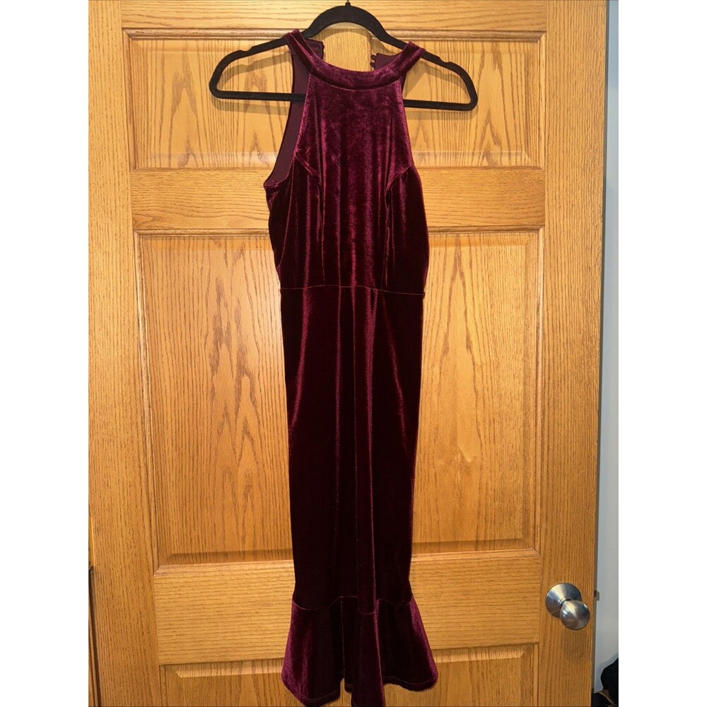 Fairy Goth Velvet Halter Velvet Lace Up Back Flare Dress XS Romantic Burgandy